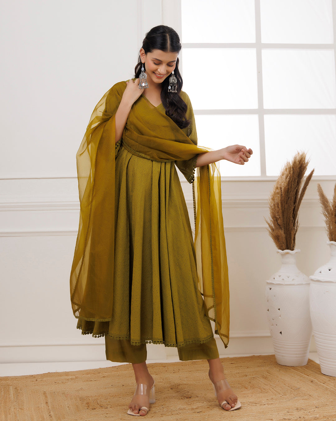 Olive Green Schiffili Anarkali Suit