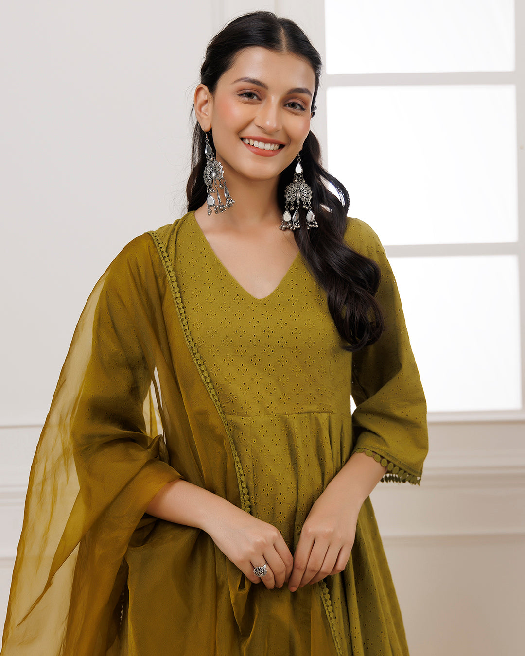 Olive Green Schiffili Anarkali Suit