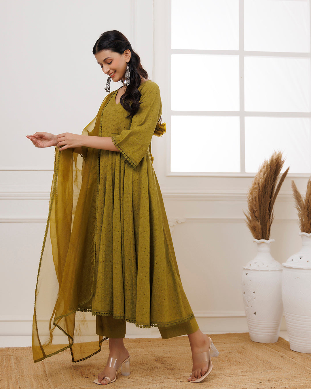 Olive Green Schiffili Anarkali Suit