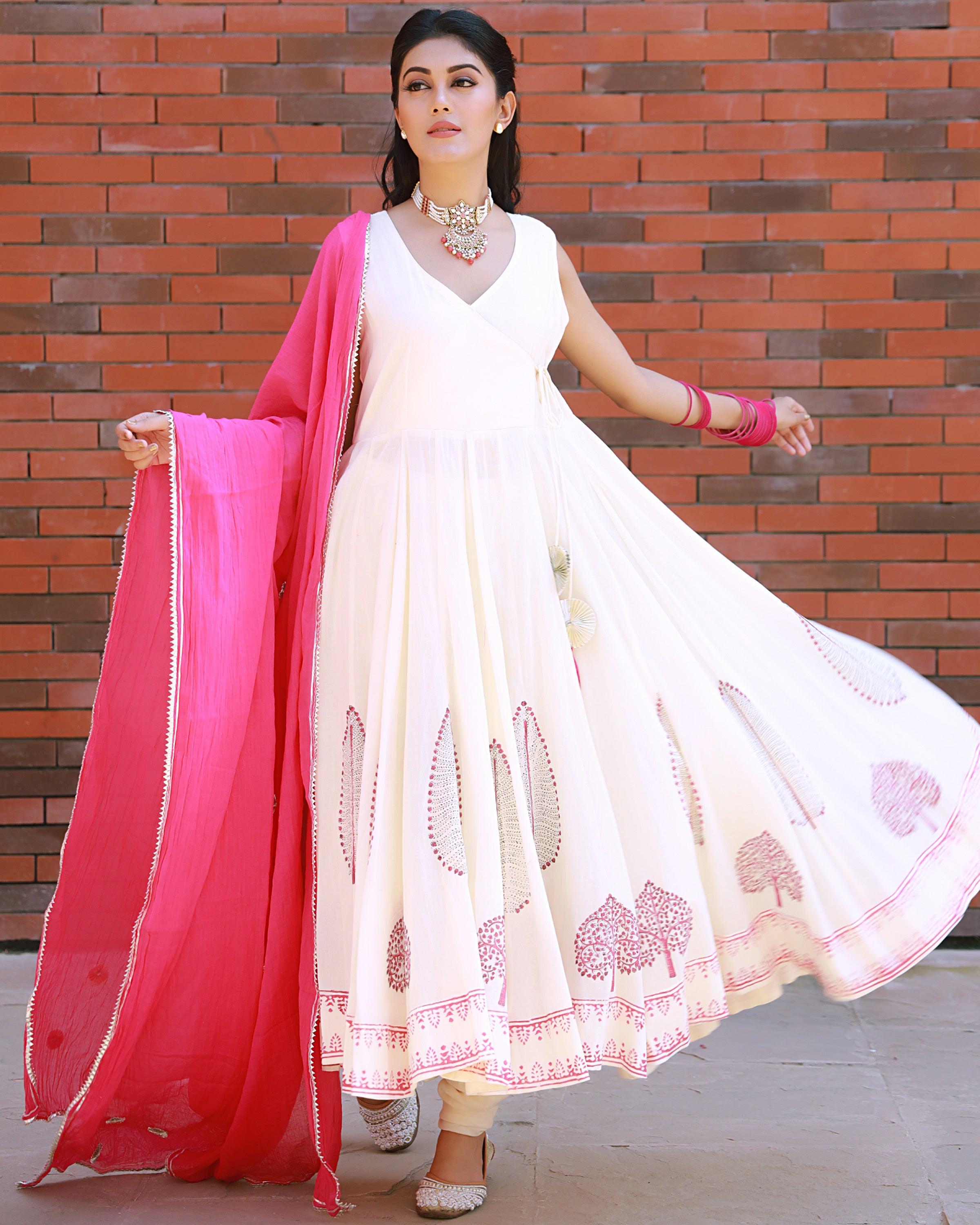 Magenta Hand Block Print Cotton Anarkali Suit Set with Gota work Dupatta