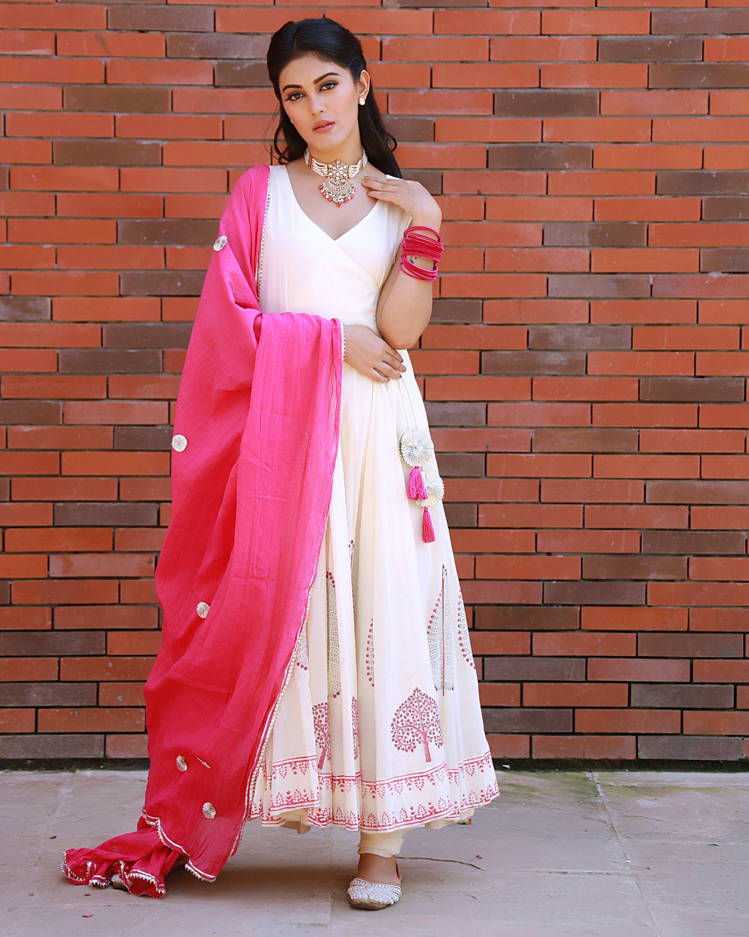 Magenta Hand Block Print Cotton Anarkali Suit Set with Gota work Dupatta