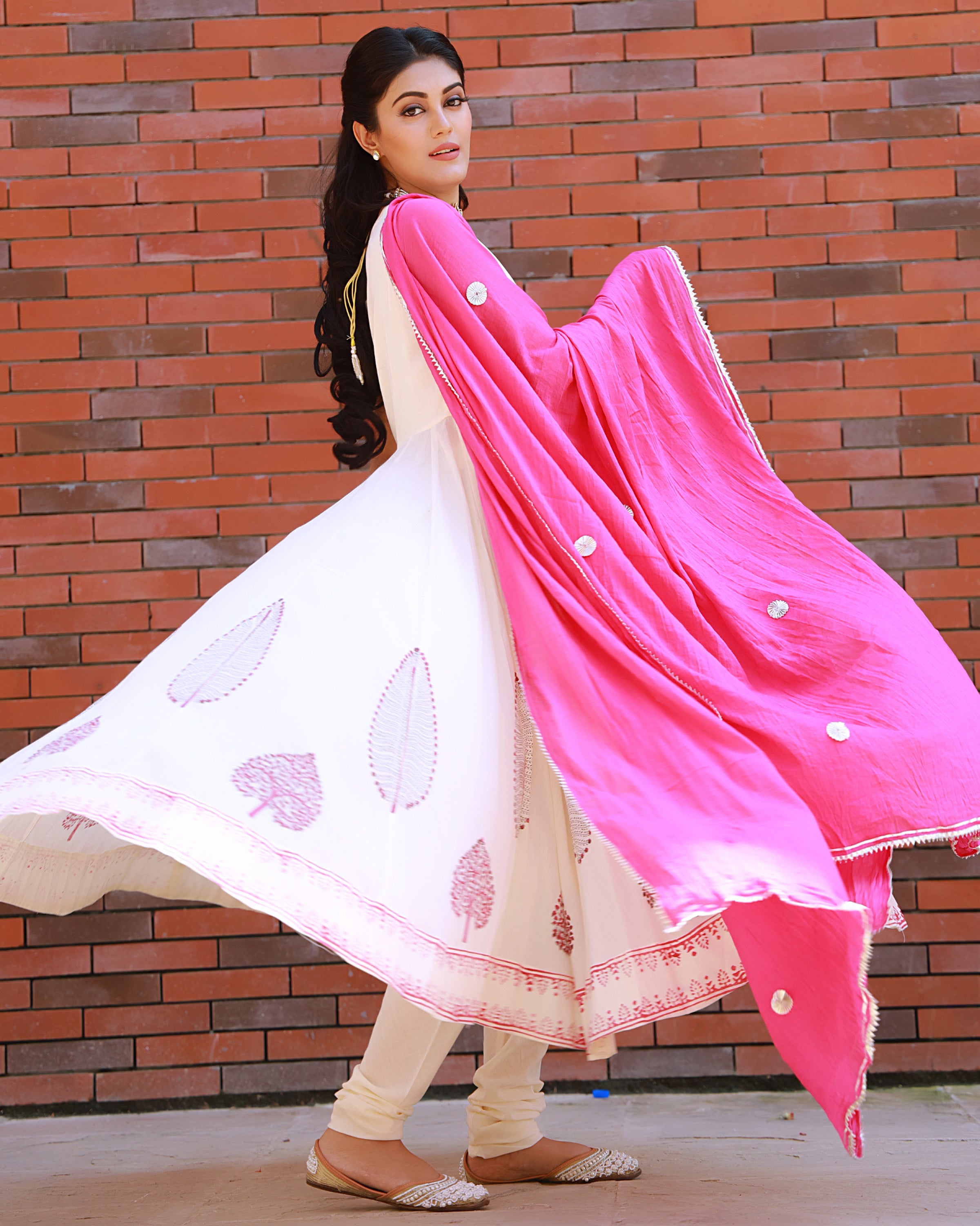 Magenta Hand Block Print Cotton Anarkali Suit Set with Gota work Dupatta