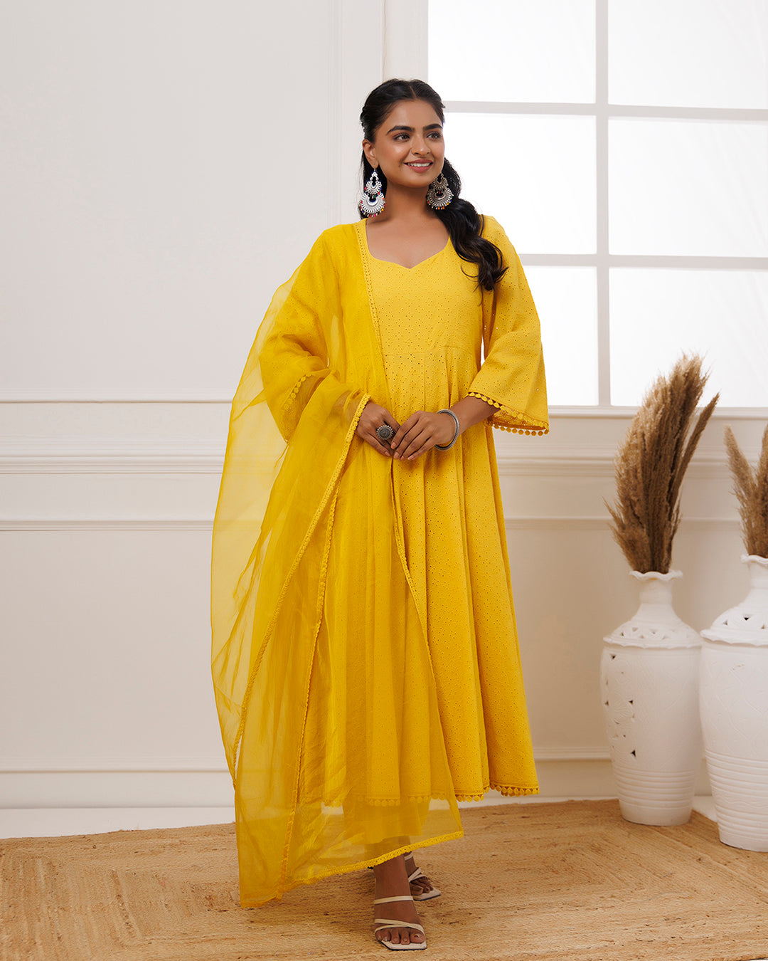 Mustard Schiffli Cotton Anarkali Suit