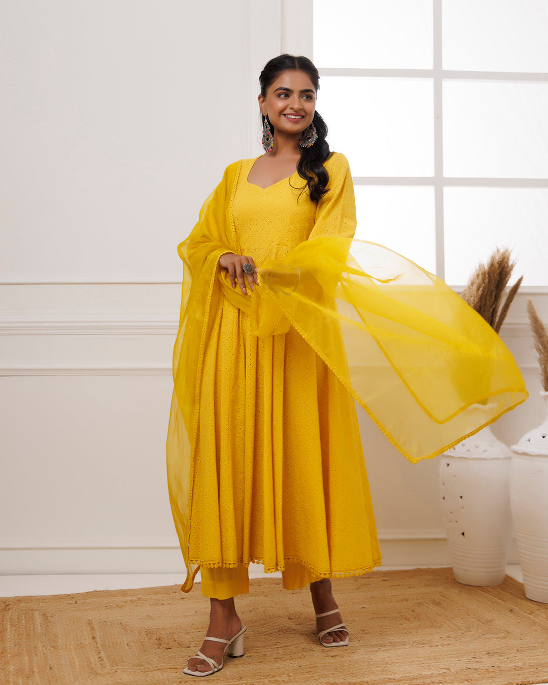 Mustard Schiffli Cotton Anarkali Suit