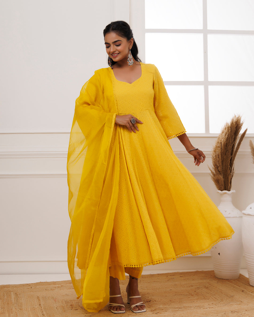 Mustard Schiffli Cotton Anarkali Suit