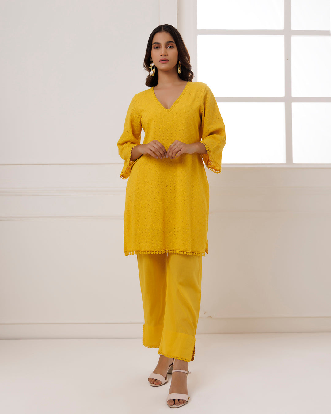 Mustard Schiffli Kurta Set