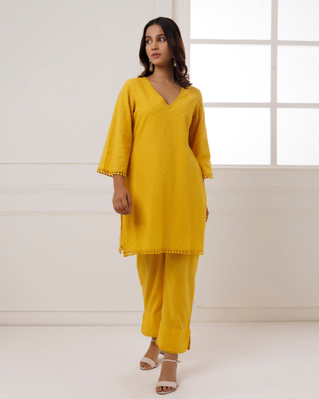 Mustard Schiffli Kurta Set
