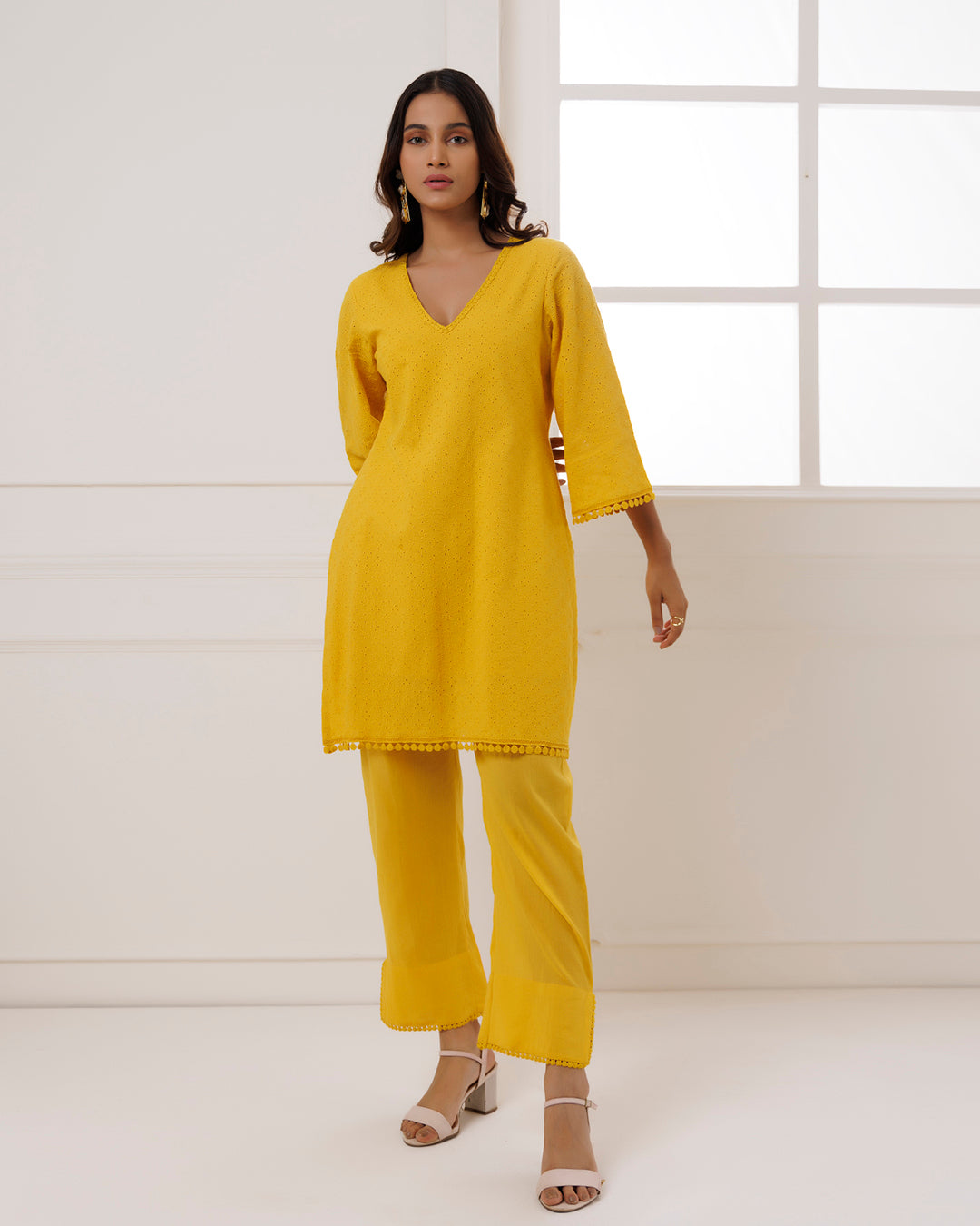 Mustard Schiffli Kurta Set