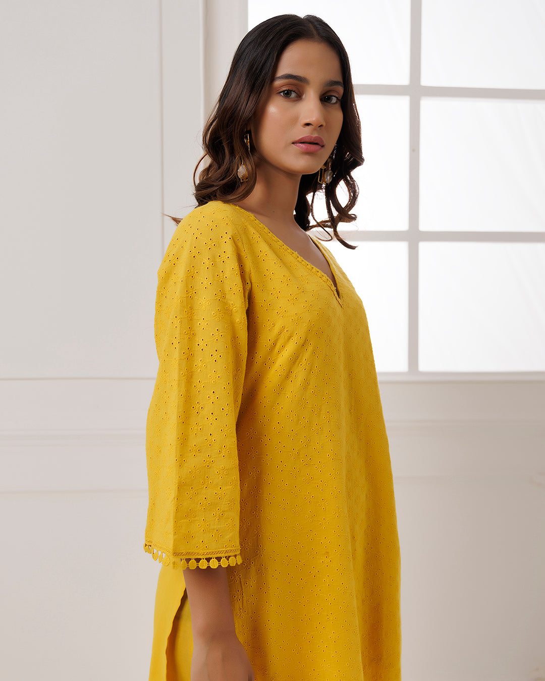 Mustard Schiffli Kurta Set