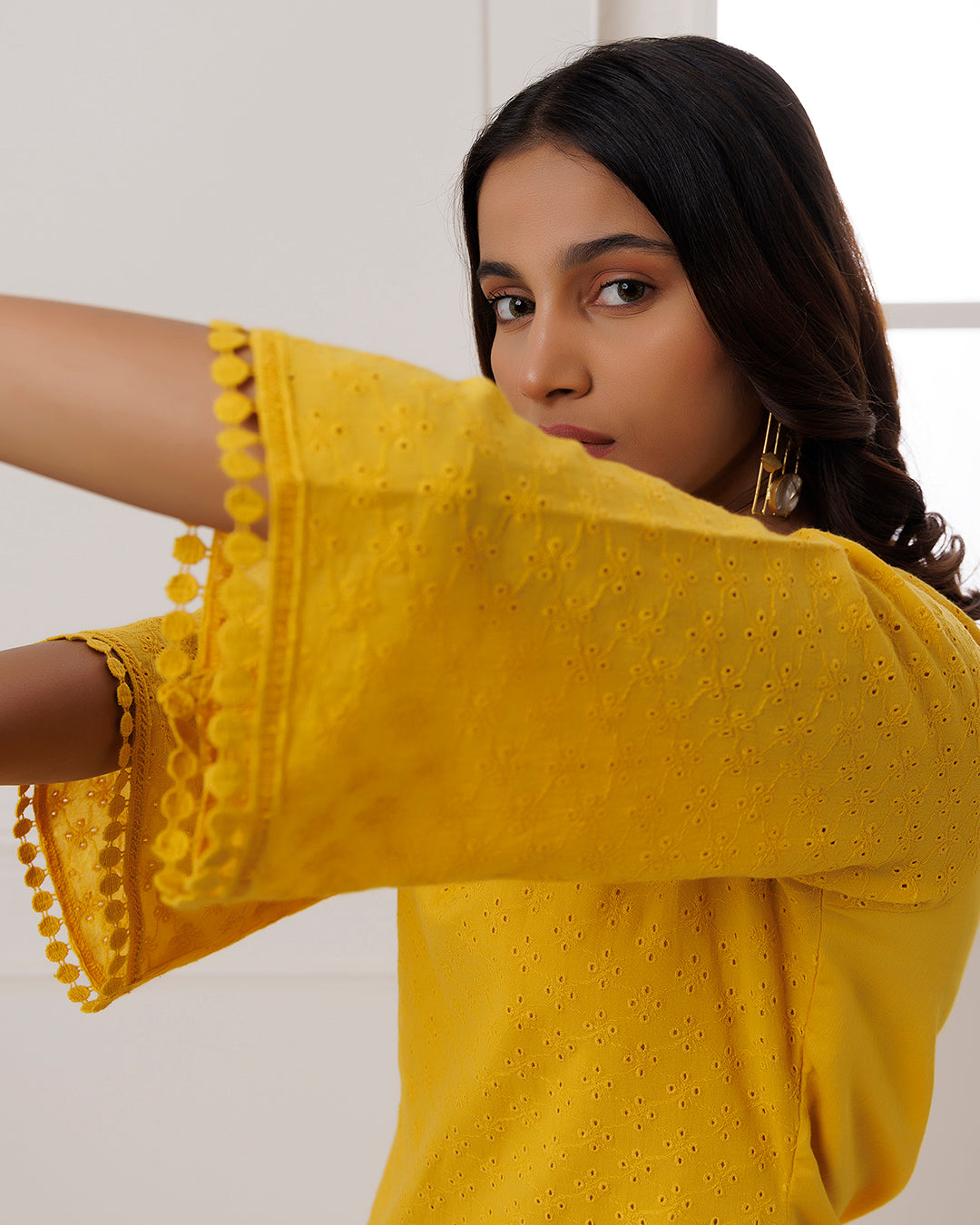 Mustard Schiffli Kurta Set