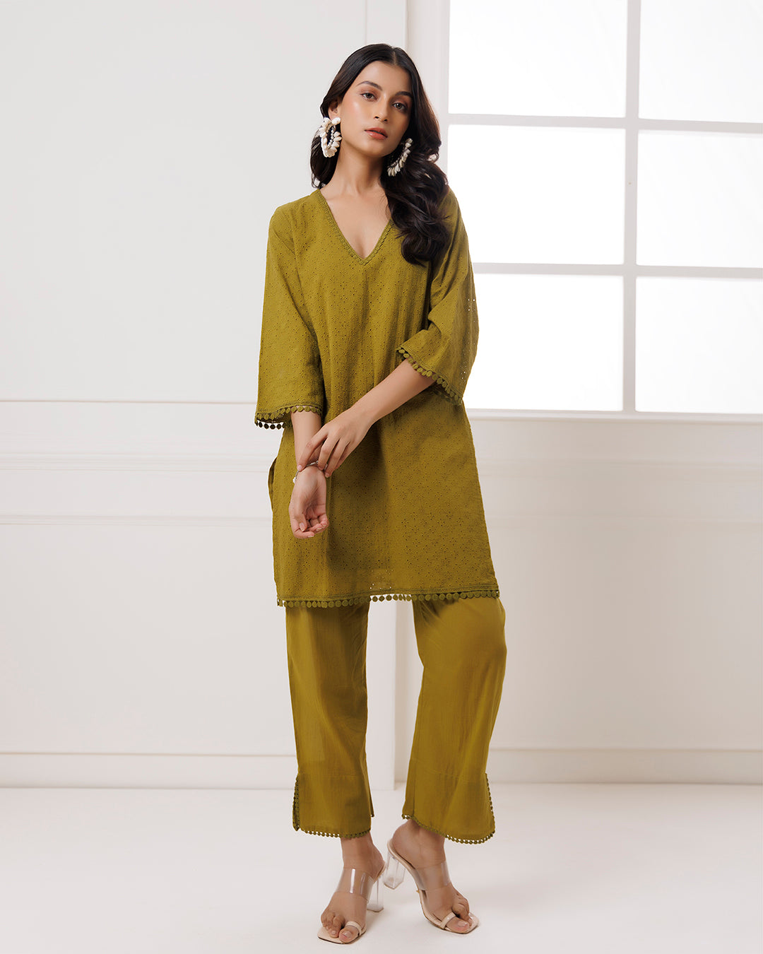 Olive Green Schiffli Kurta Set