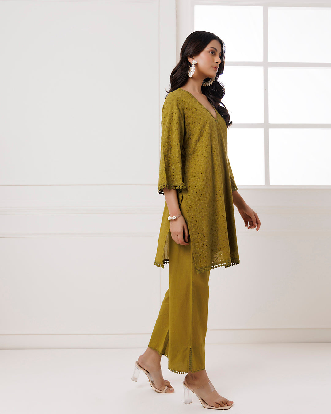 Olive Green Schiffli Kurta Set