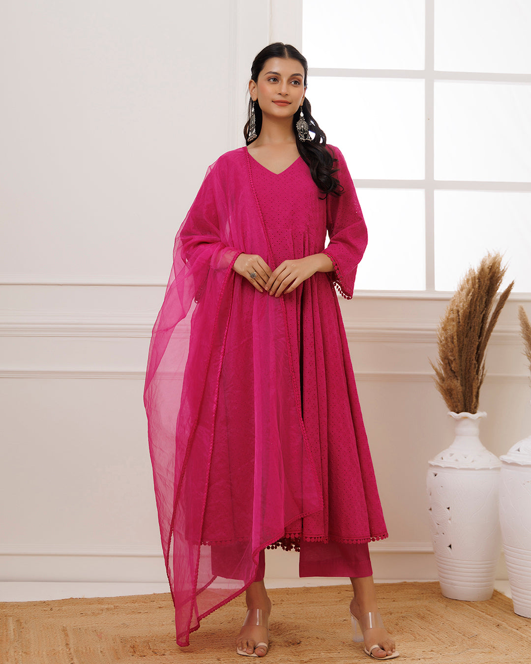 Pink Schiffili Cotton Anarkali Suit