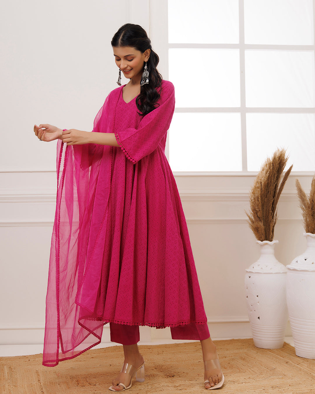 Pink Schiffili Cotton Anarkali Suit