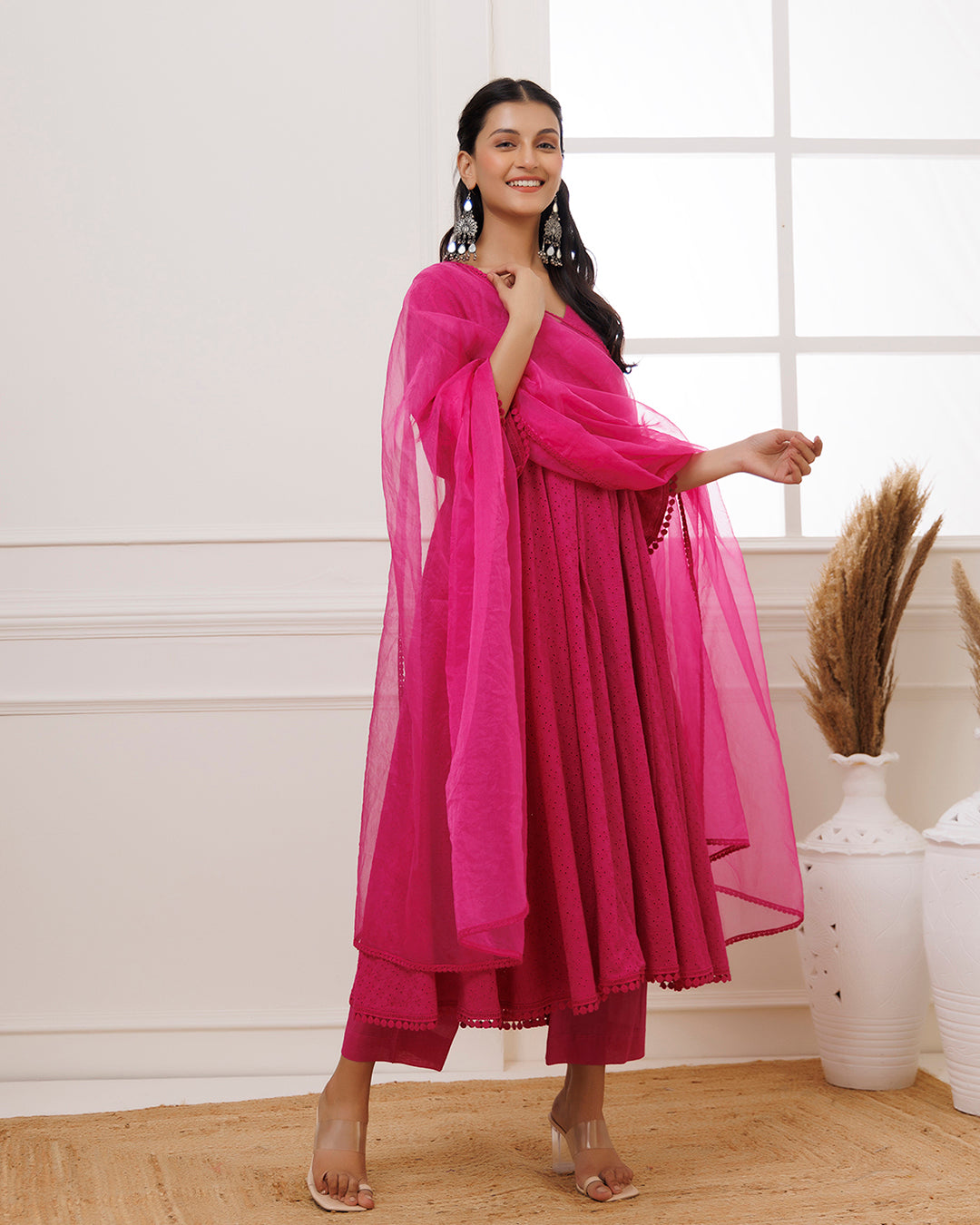 Pink Schiffili Cotton Anarkali Suit