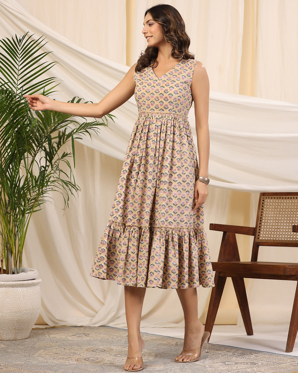Beige Handblock Printed Cotton Dress