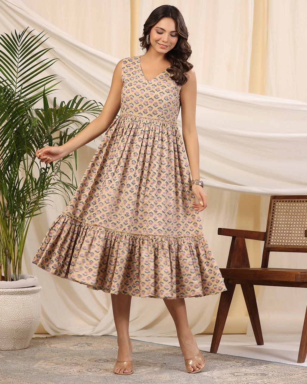Beige Handblock Printed Cotton Dress