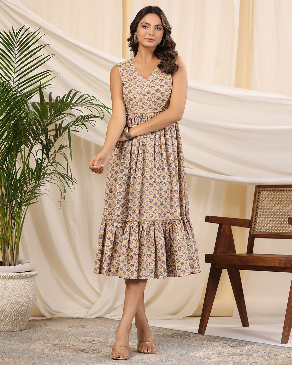 Beige Handblock Printed Cotton Dress