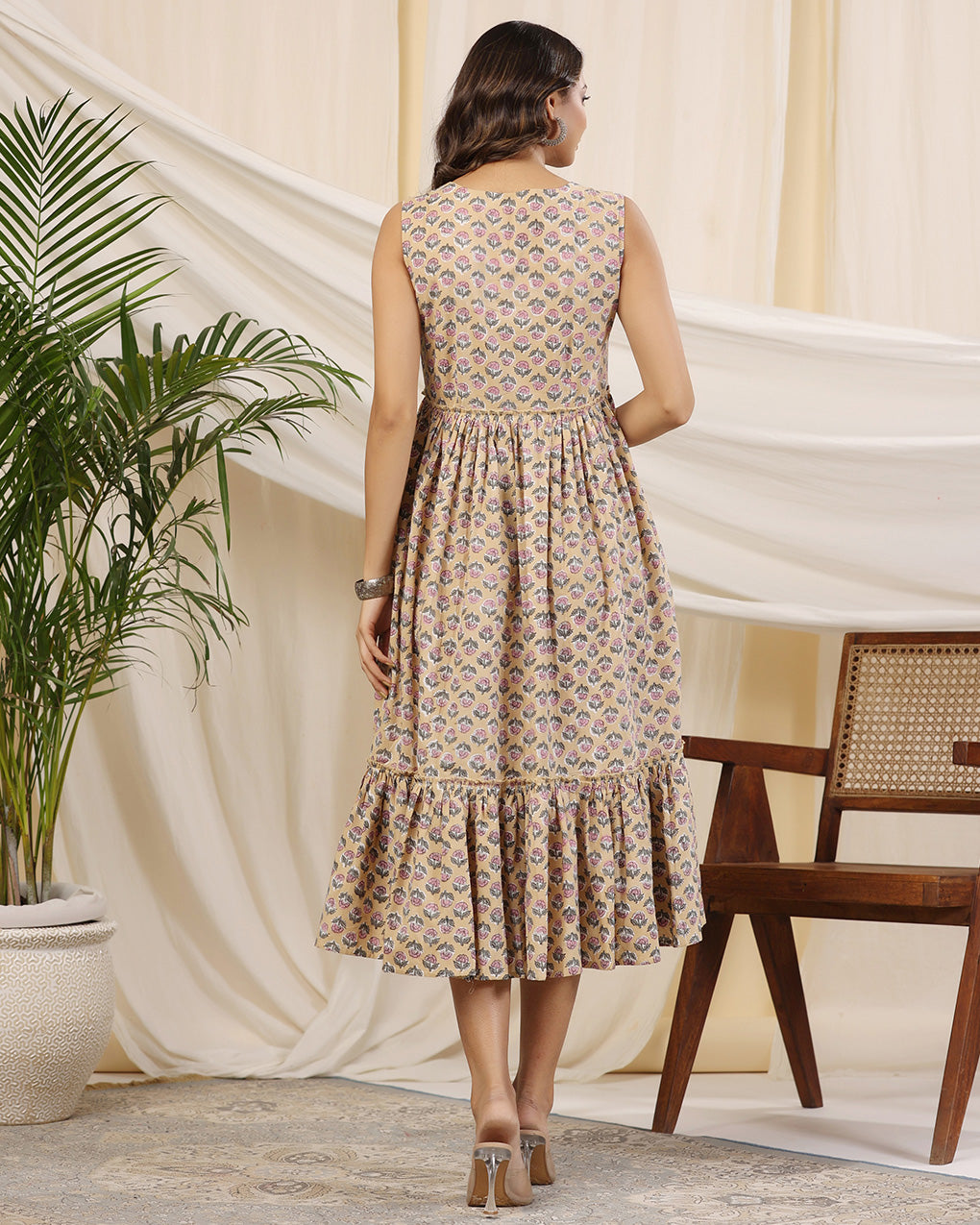 Beige Handblock Printed Cotton Dress