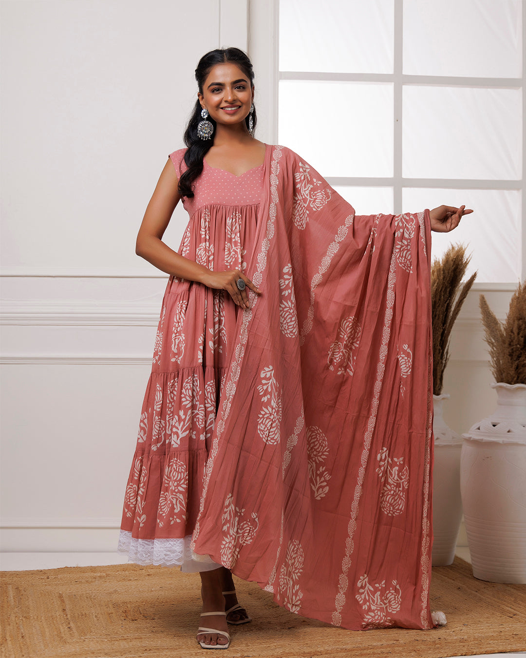 Coral Handblock Printed Cotton Anarkali Suit
