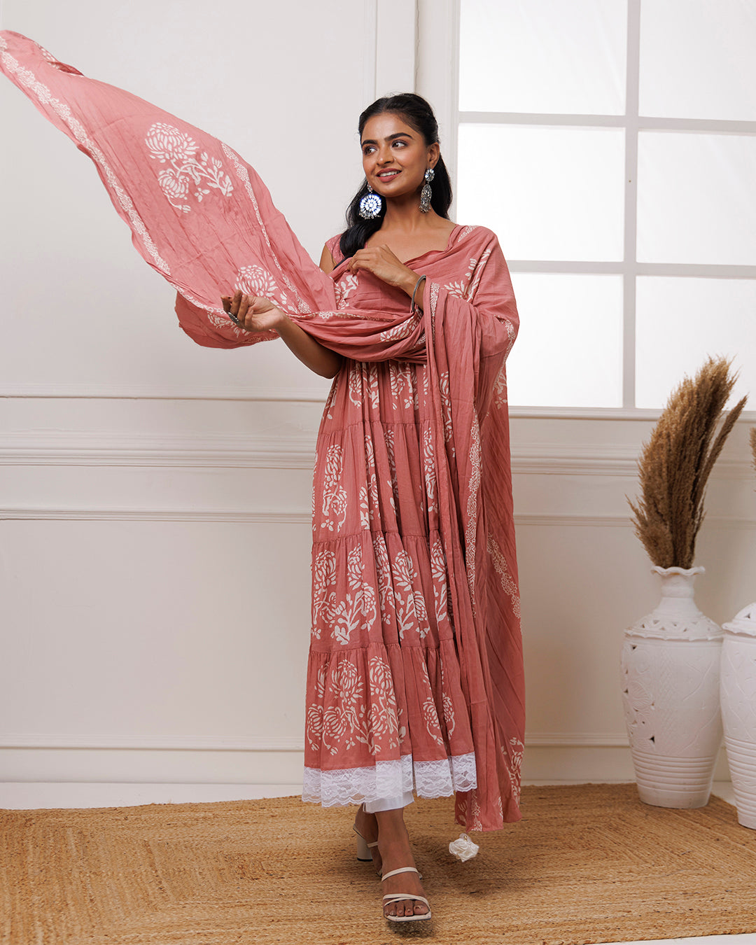 Coral Handblock Printed Cotton Anarkali Suit