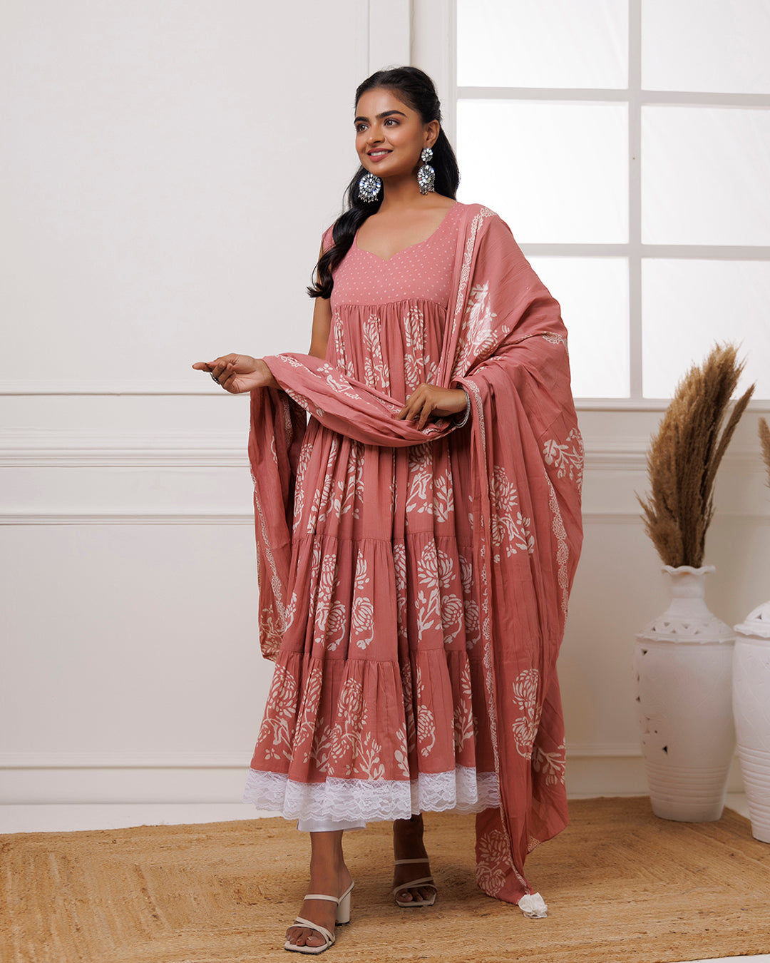 Coral Handblock Printed Cotton Anarkali Suit