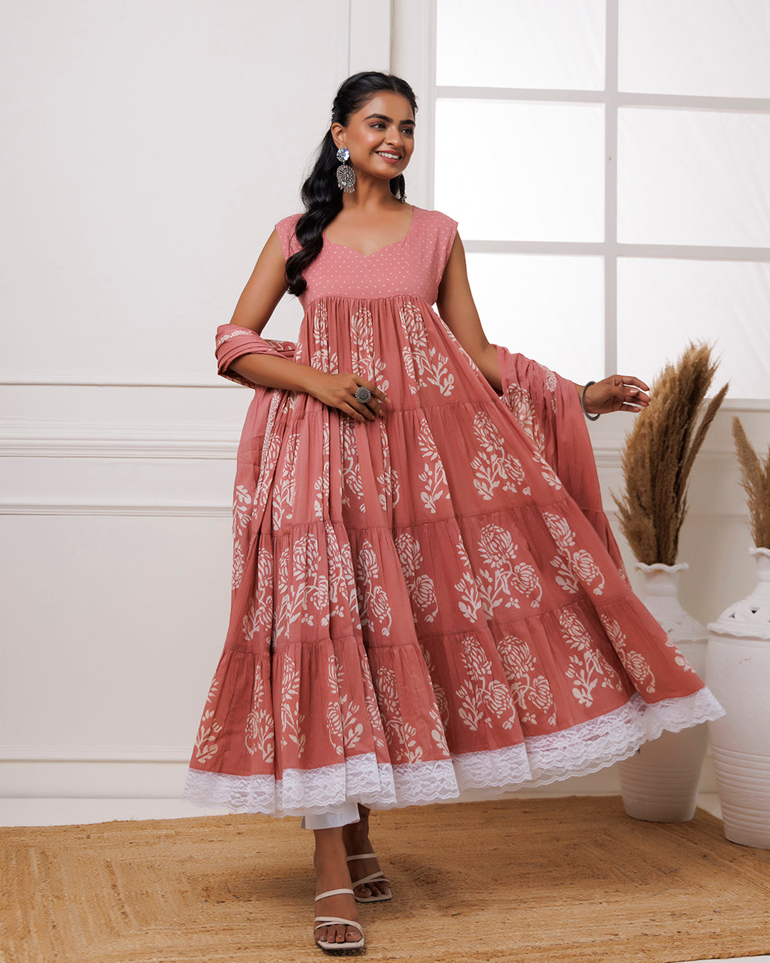 Coral Handblock Printed Cotton Anarkali Suit