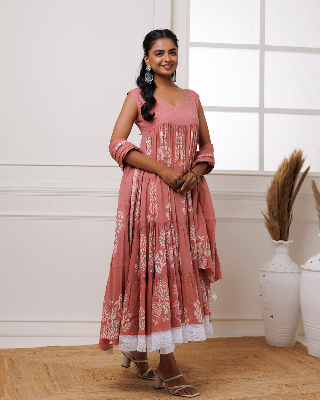 Coral Handblock Printed Cotton Anarkali Suit