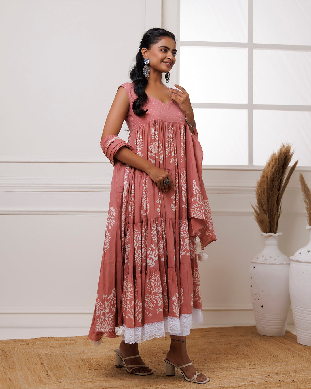 Coral Handblock Printed Cotton Anarkali Suit