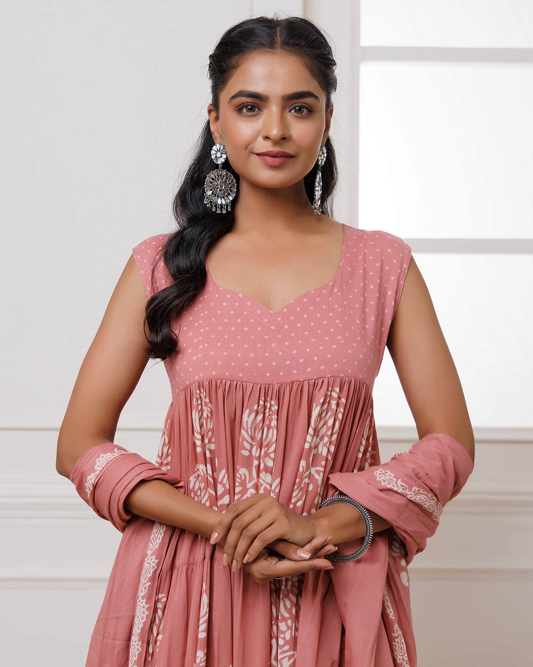 Coral Handblock Printed Cotton Anarkali Suit
