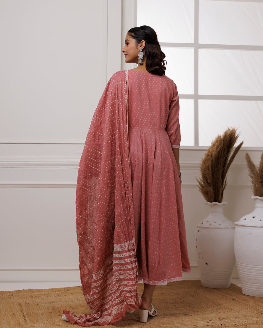 Coral Polka Dot Printed Cotton Anarkali Suit