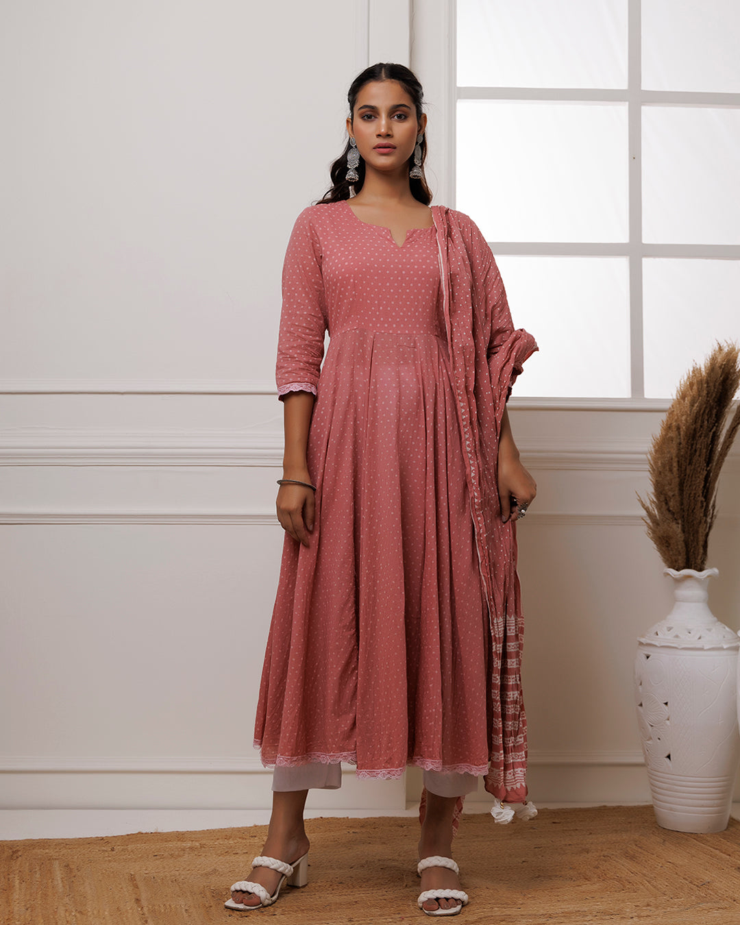 Coral Polka Dot Printed Cotton Anarkali Suit