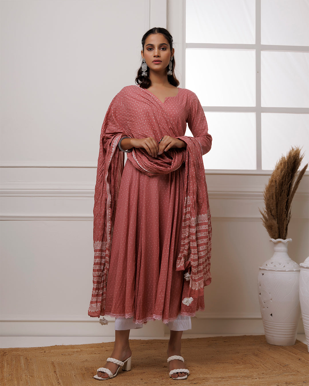 Coral Polka Dot Printed Cotton Anarkali Suit