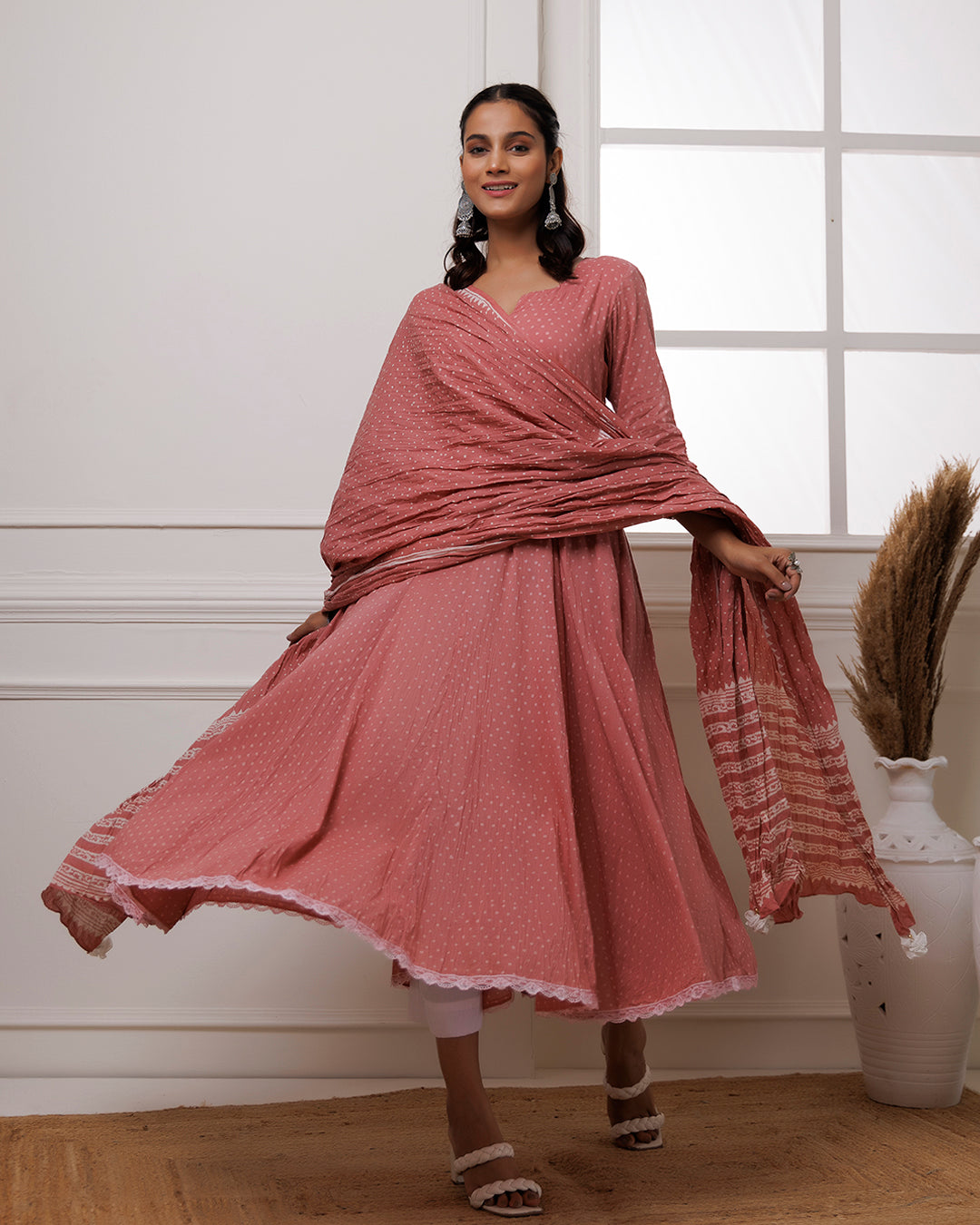 Coral Polka Dot Printed Cotton Anarkali Suit