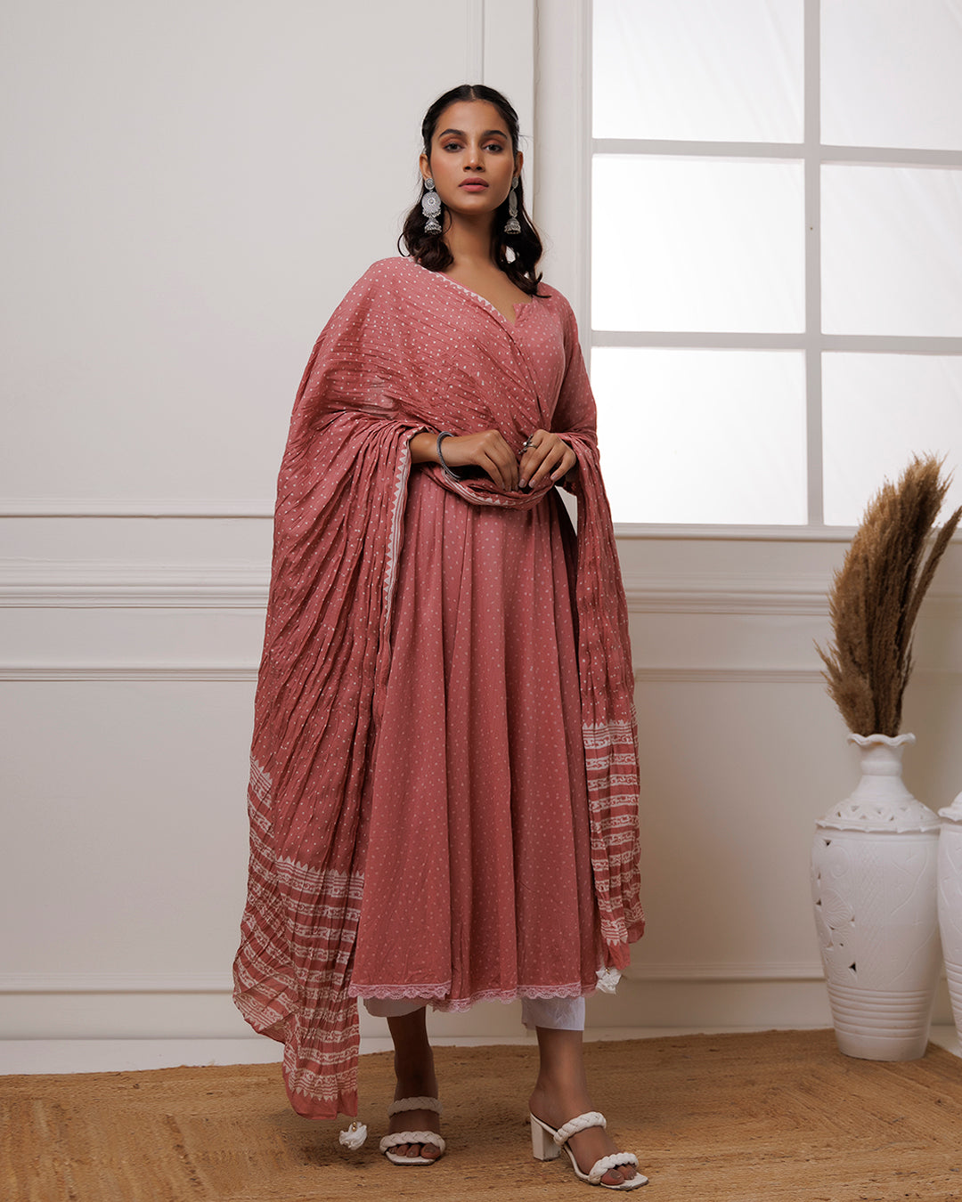 Coral Polka Dot Printed Cotton Anarkali Suit