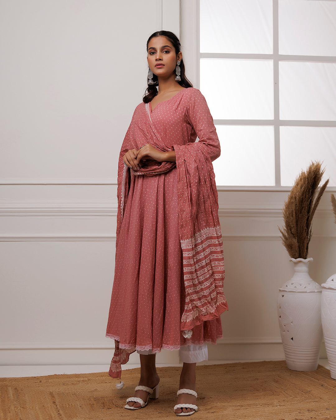 Coral Polka Dot Printed Cotton Anarkali Suit
