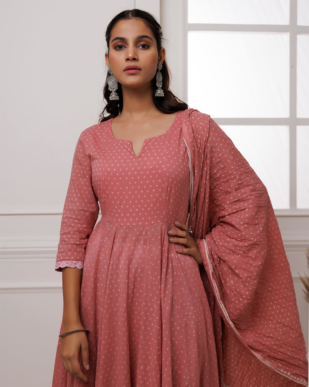 Coral Polka Dot Printed Cotton Anarkali Suit