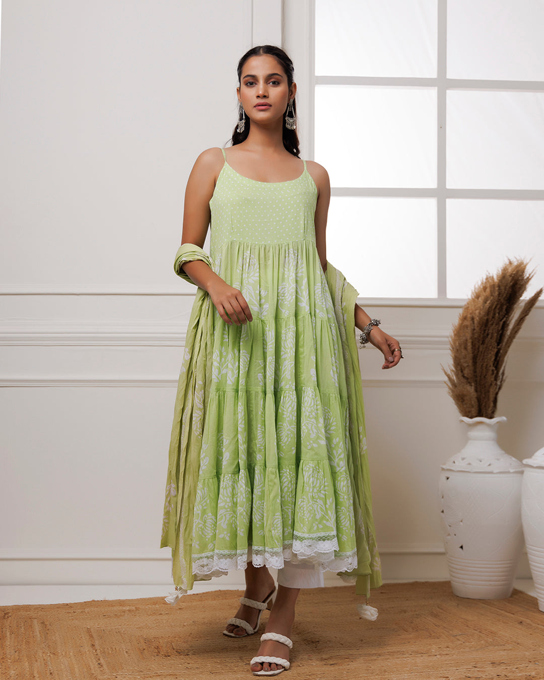 Pista Green Handblock Printed Cotton Anarkali Suit