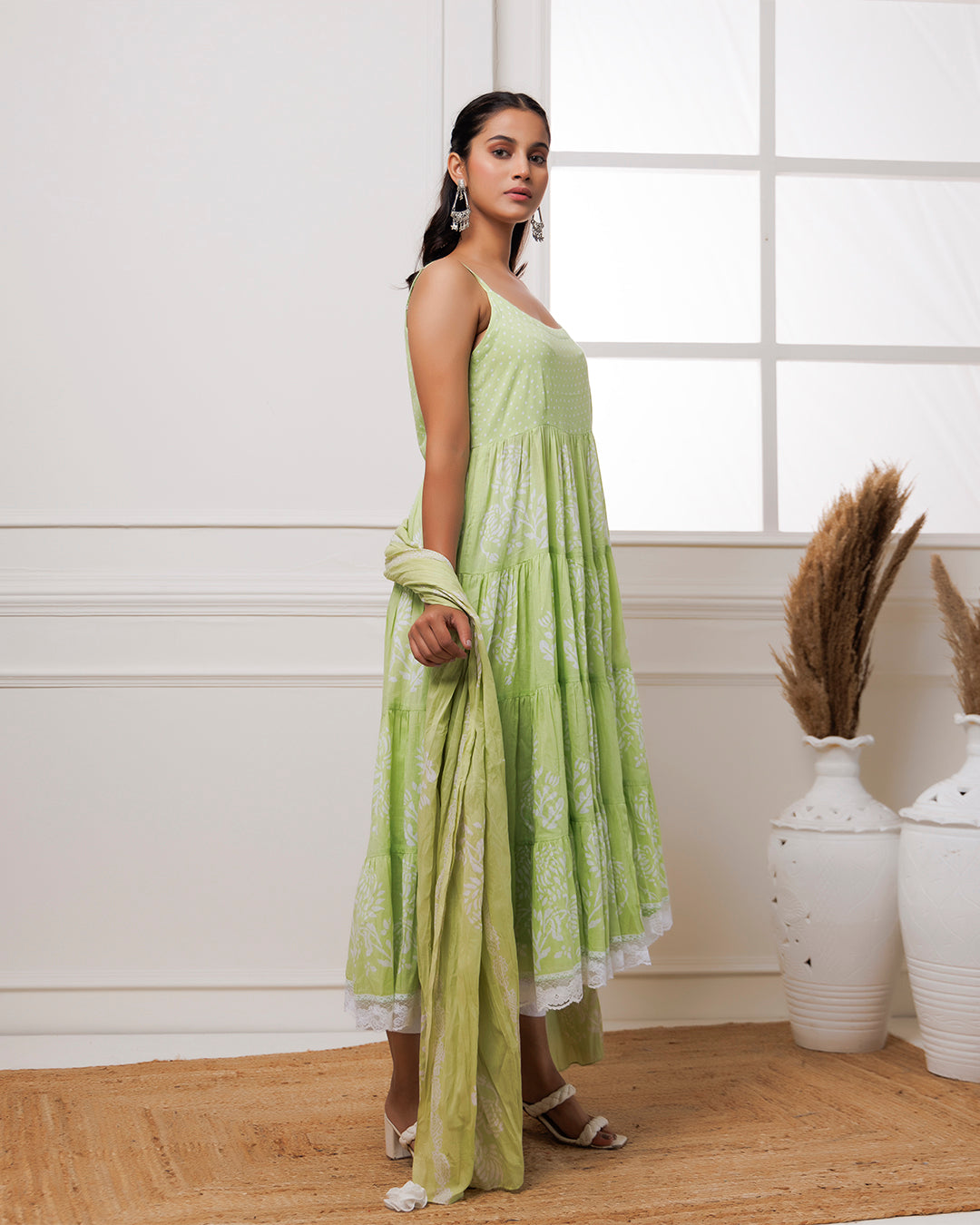 Pista Green Handblock Printed Cotton Anarkali Suit