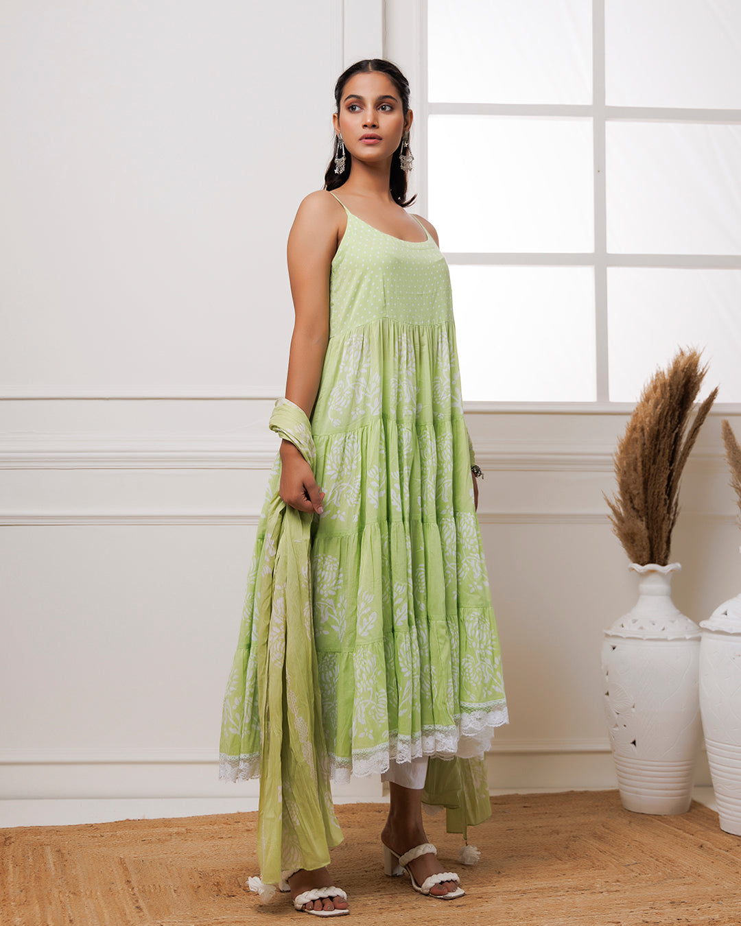 Pista Green Handblock Printed Cotton Anarkali Suit
