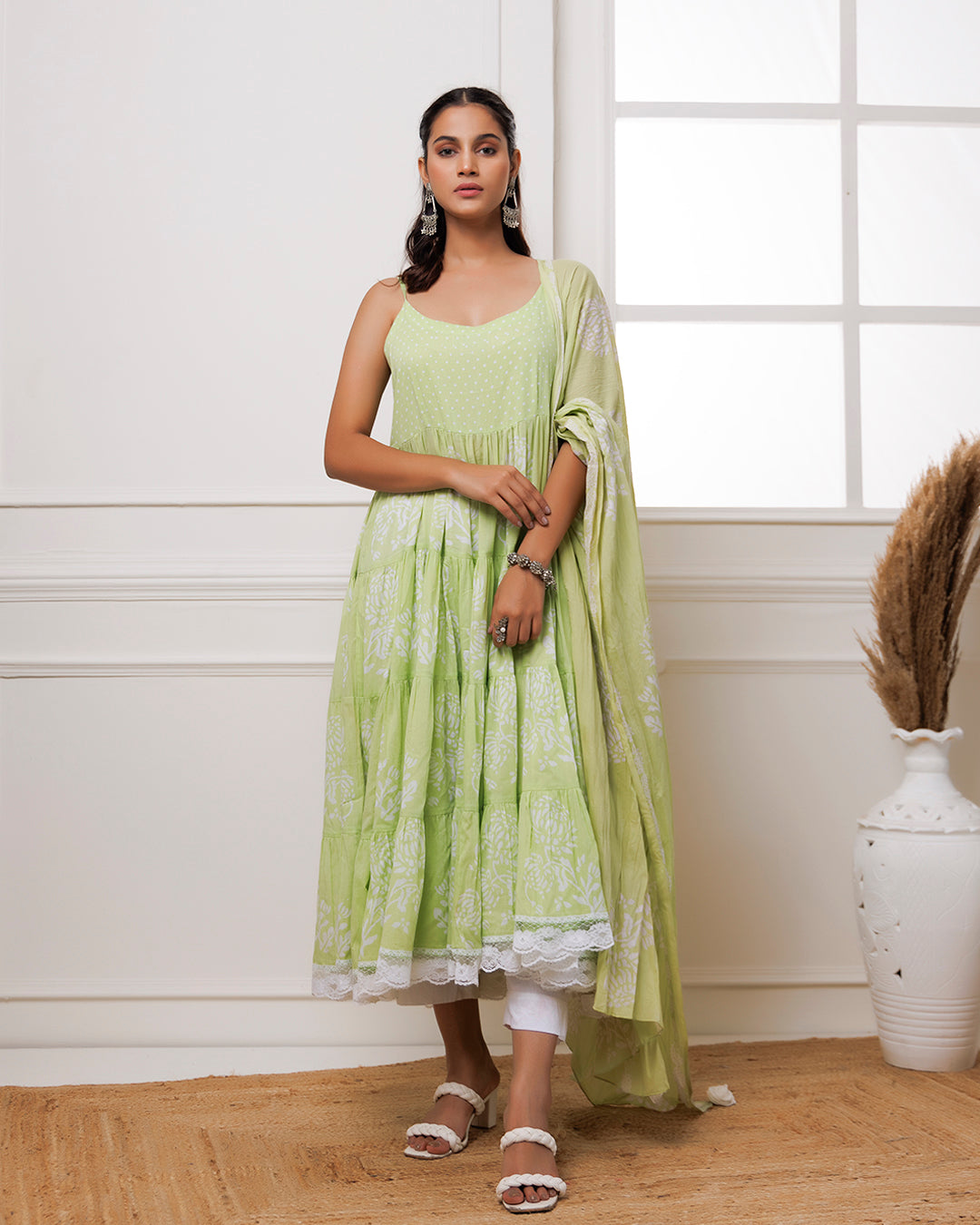 Pista Green Handblock Printed Cotton Anarkali Suit