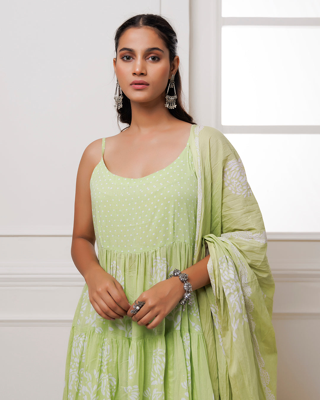 Pista Green Handblock Printed Cotton Anarkali Suit