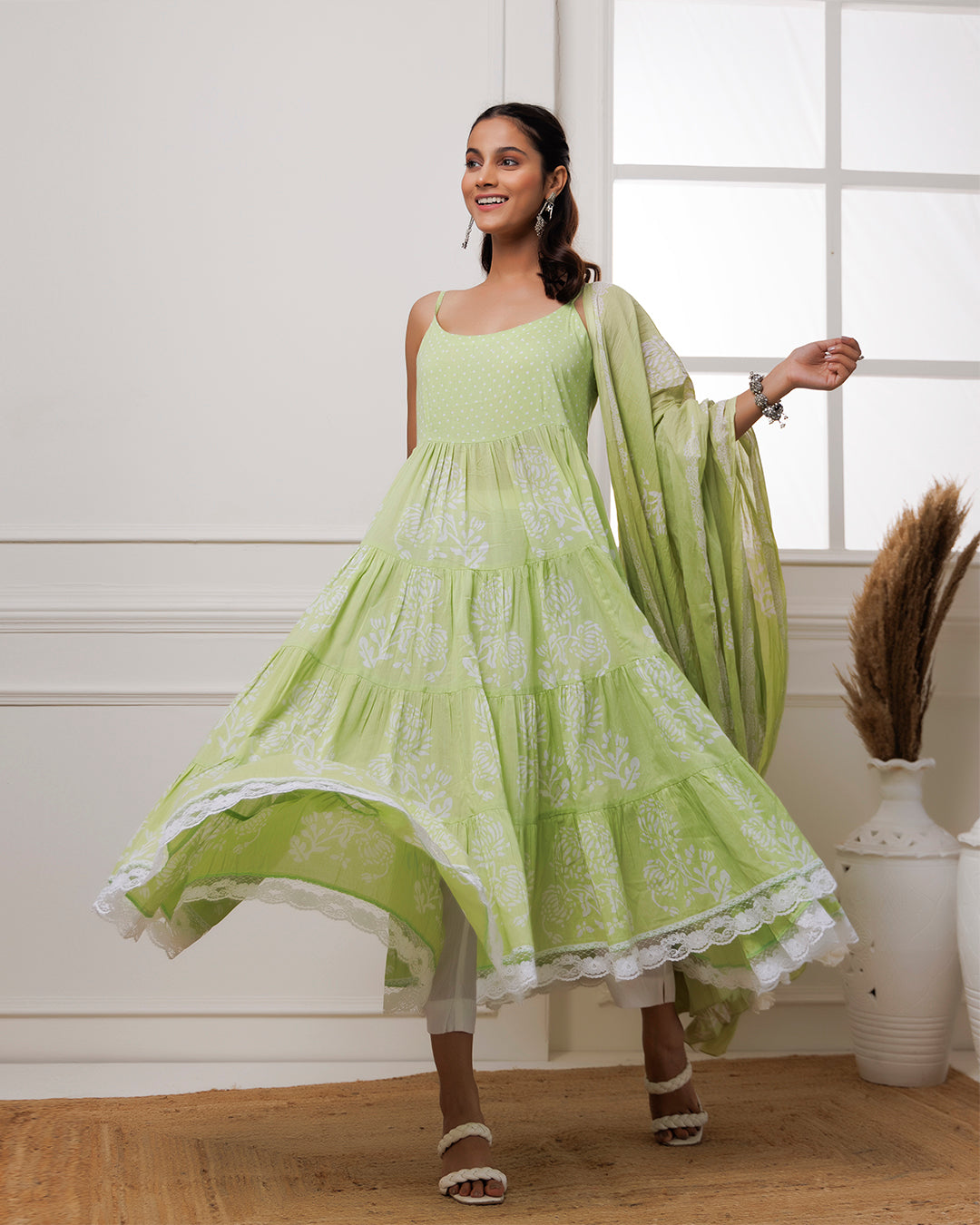Pista Green Handblock Printed Cotton Anarkali Suit