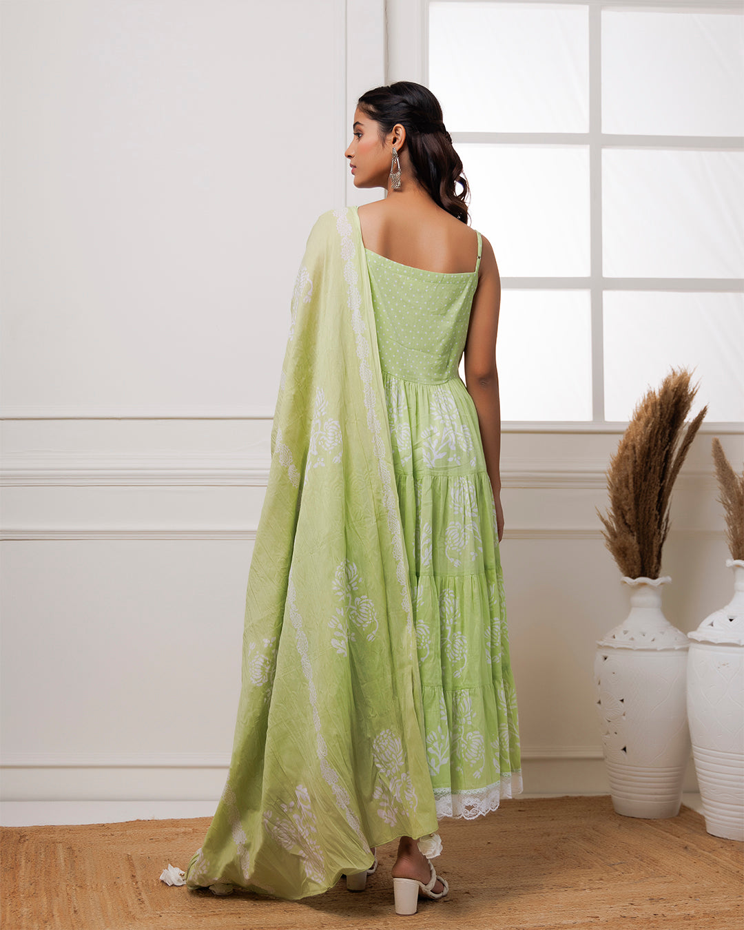 Pista Green Handblock Printed Cotton Anarkali Suit