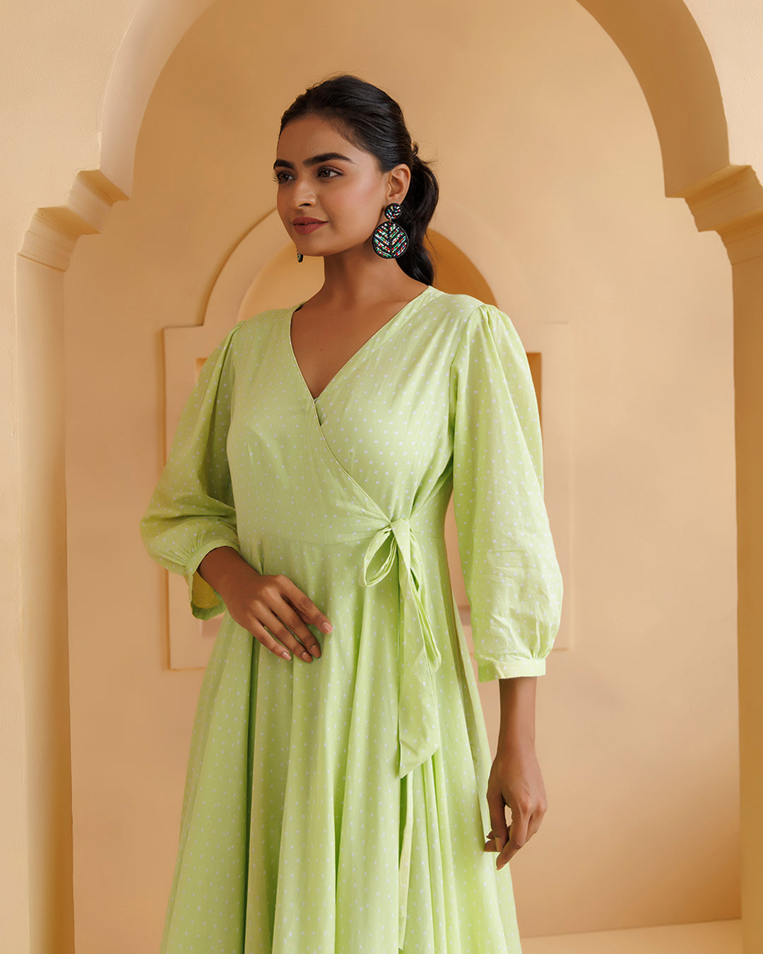 Qala Pista Green Polka Hand Block Printed Angrakha Dress