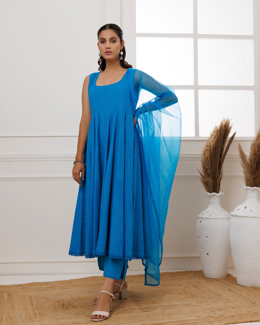Turquoise Schiffli Sleeveless Anarkali Suit