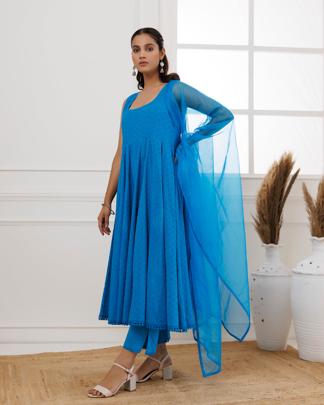 Turquoise Schiffli Sleeveless Anarkali Suit
