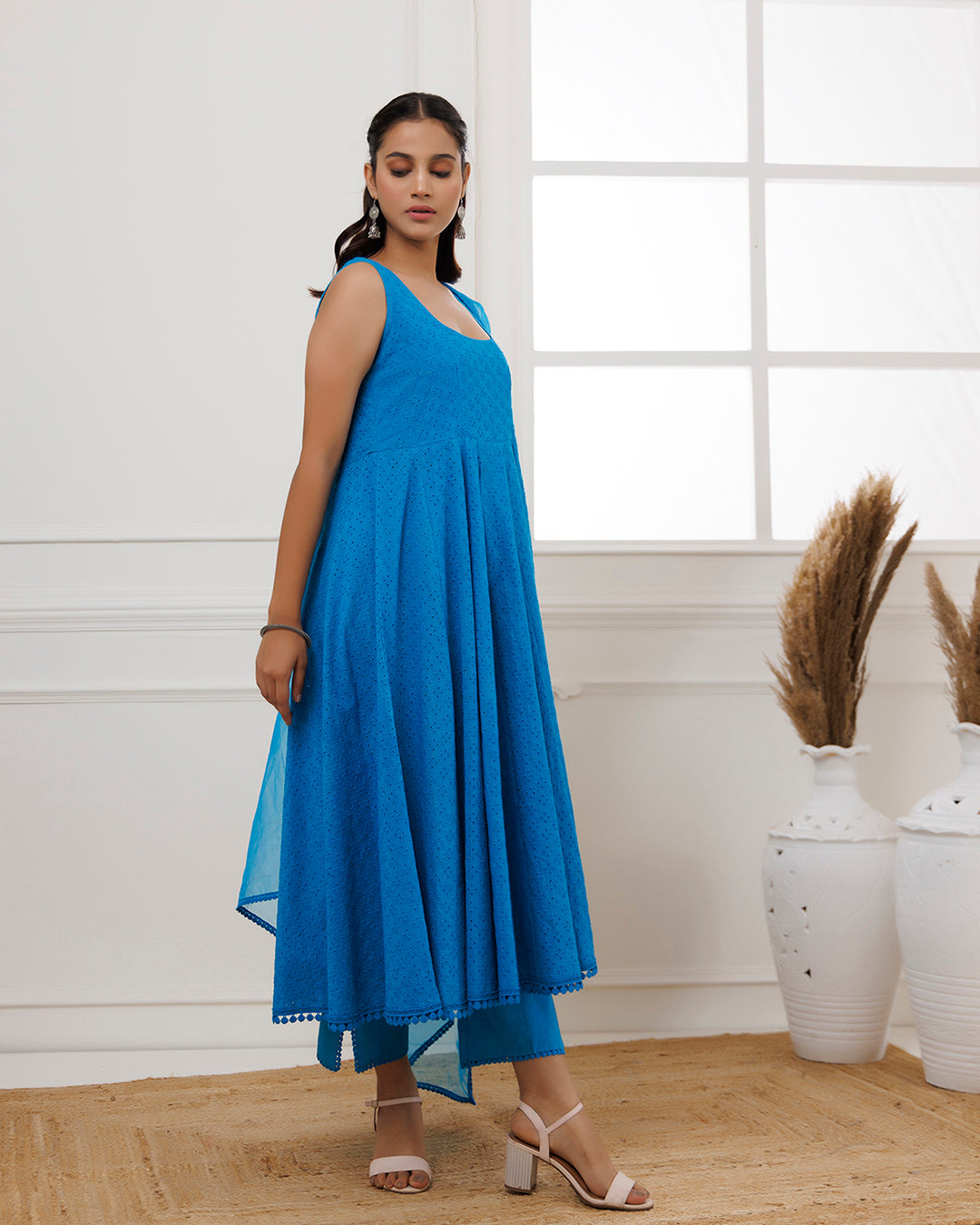 Turquoise Schiffli Sleeveless Anarkali Suit