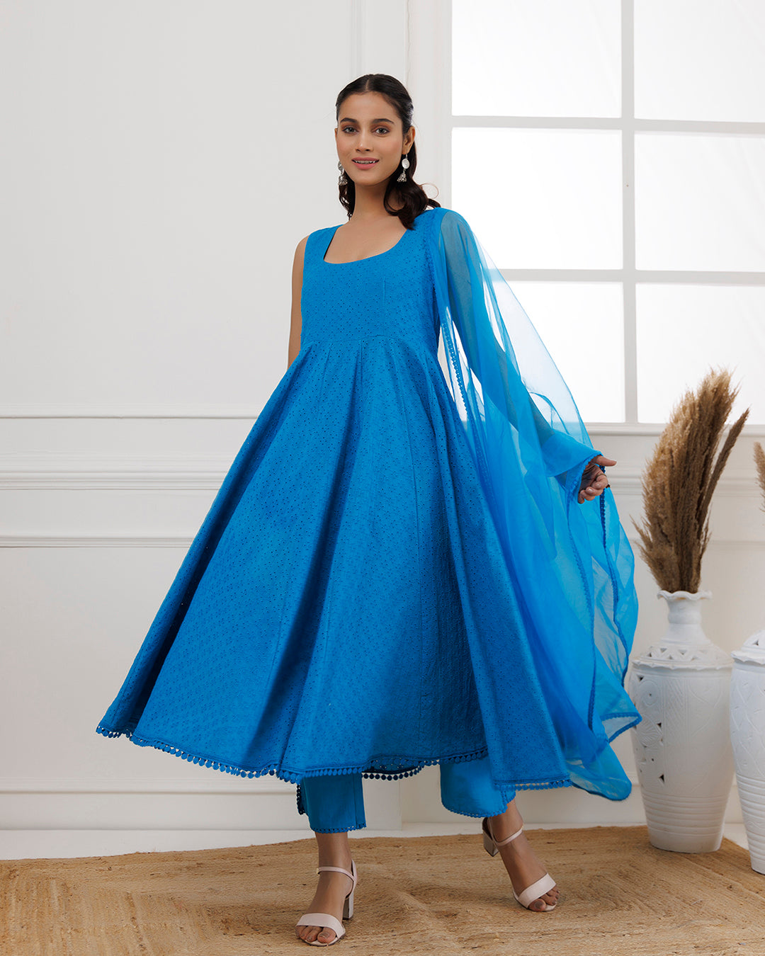 Turquoise Schiffli Sleeveless Anarkali Suit