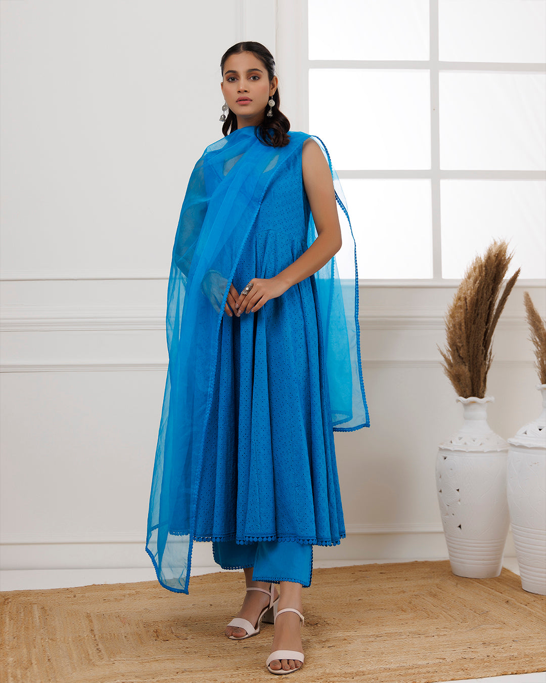 Turquoise Schiffli Sleeveless Anarkali Suit